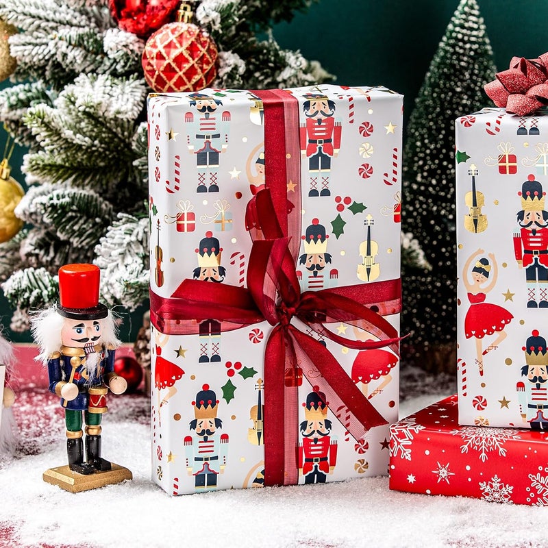 Retrify Christmas Wrapping Paper - Nutcracker Stars Girl Dance and Snowflake Pattern Metallic Gold Foil Shine Gift Wrap Paper for Holiday Shower Party Celebration - 17 Inch x 32.8 Feet Mini Roll - Image 4